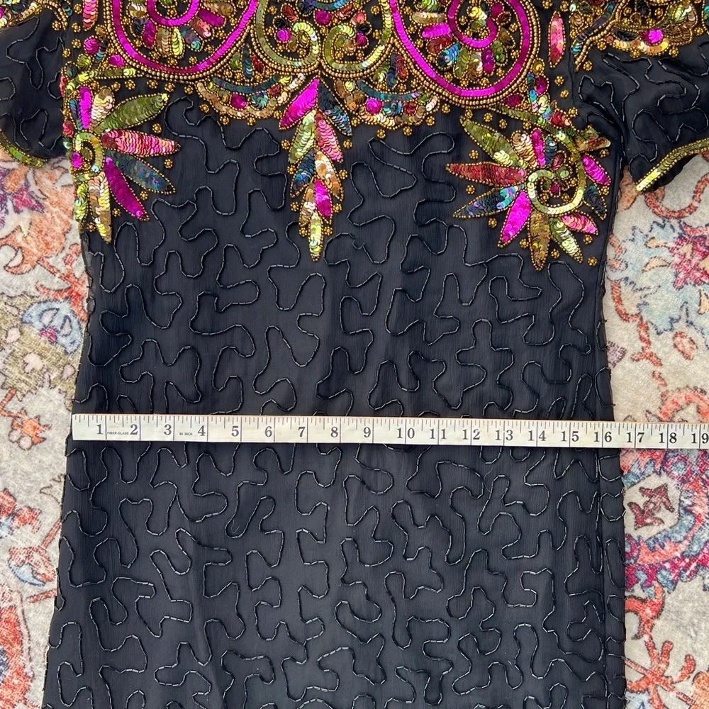 Vintage 80s Lawrence Kazar Embellished multicolor Sequin Cocktail Dress size PL - Picture 13 of 17